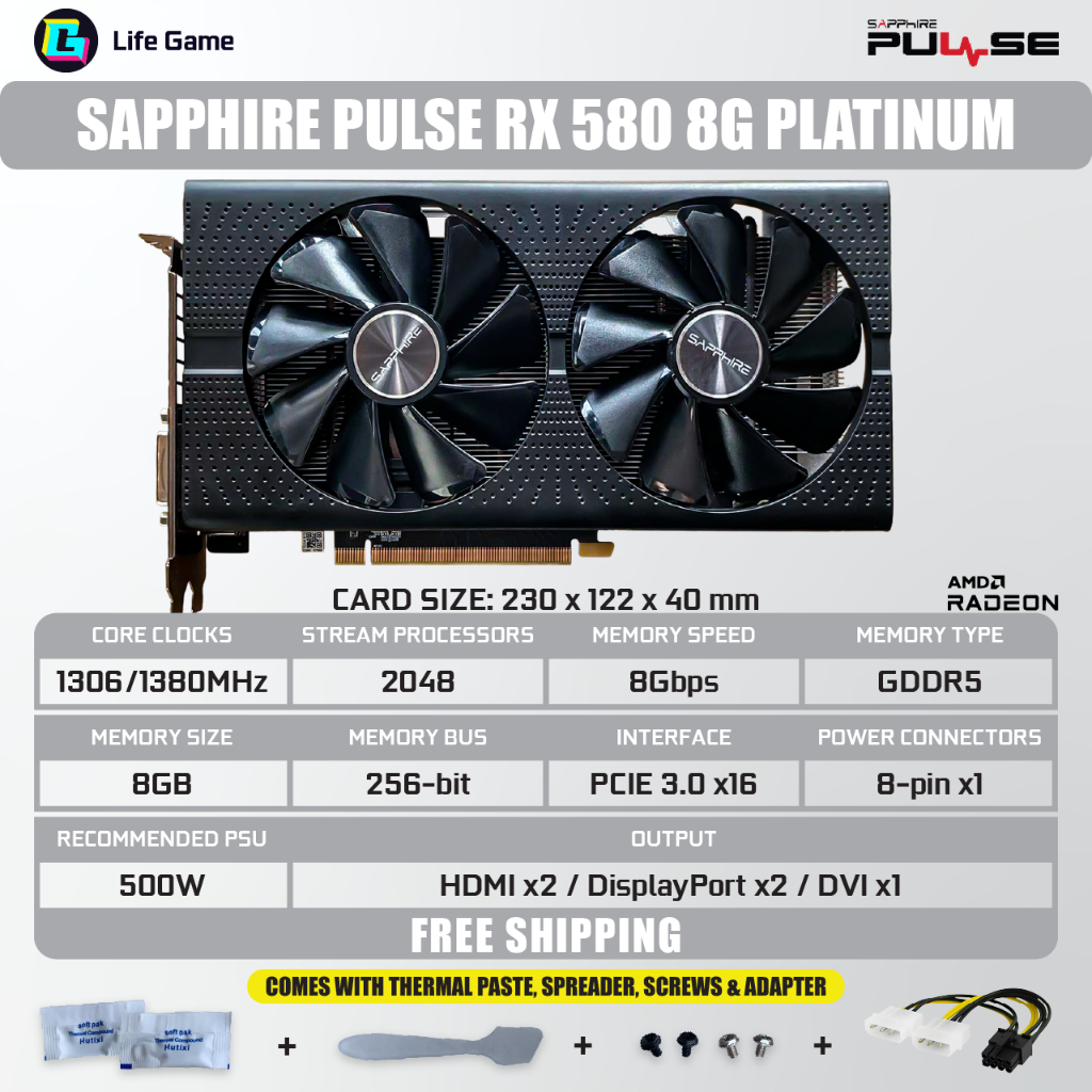 二手藍寶石 RX 580 Pulse 2048sp 8G 8GB D5 DUAL FAN AMD 顯卡顯卡 GPU 白金