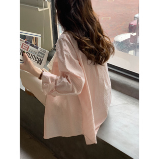 mistletoe 粉色條紋襯衫女外穿外套春季新款韓版長袖休閒襯衫上衣 長袖襯衫 防晒上衣