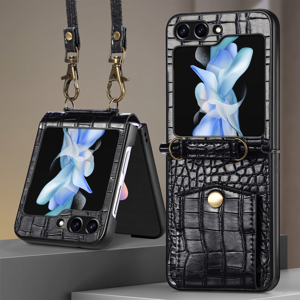 SAMSUNG 三星 Galaxy Z FLIP 5 4 flip5 flip4 手機殼鱷魚紋皮革後蓋帶掛繩