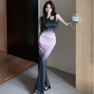 韓版性感辣妹吊帶長裙女裝緊身收腰彈力復古浪漫油畫印花中長款無袖開叉緊身洋裝