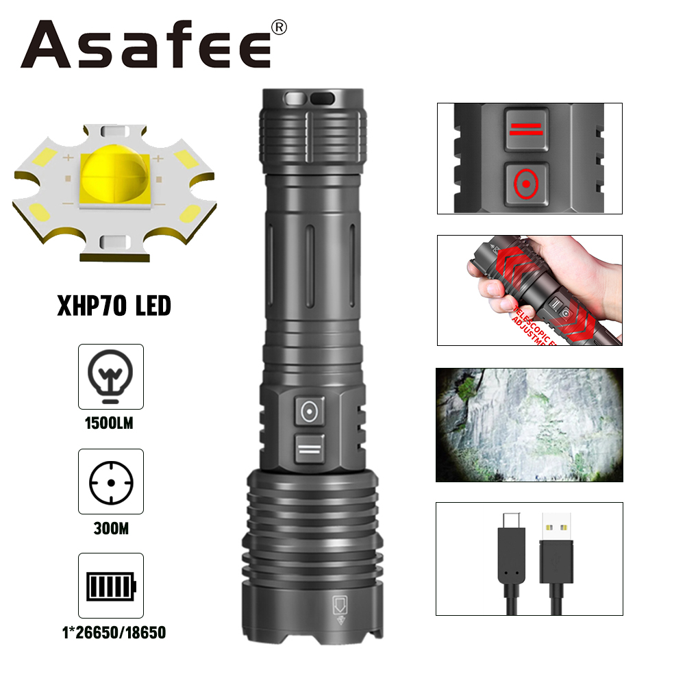 Asafee 4800 超亮 XHP70 LED 手電筒 1500LM 戰術燈可充電 26650 18650 伸縮變焦手