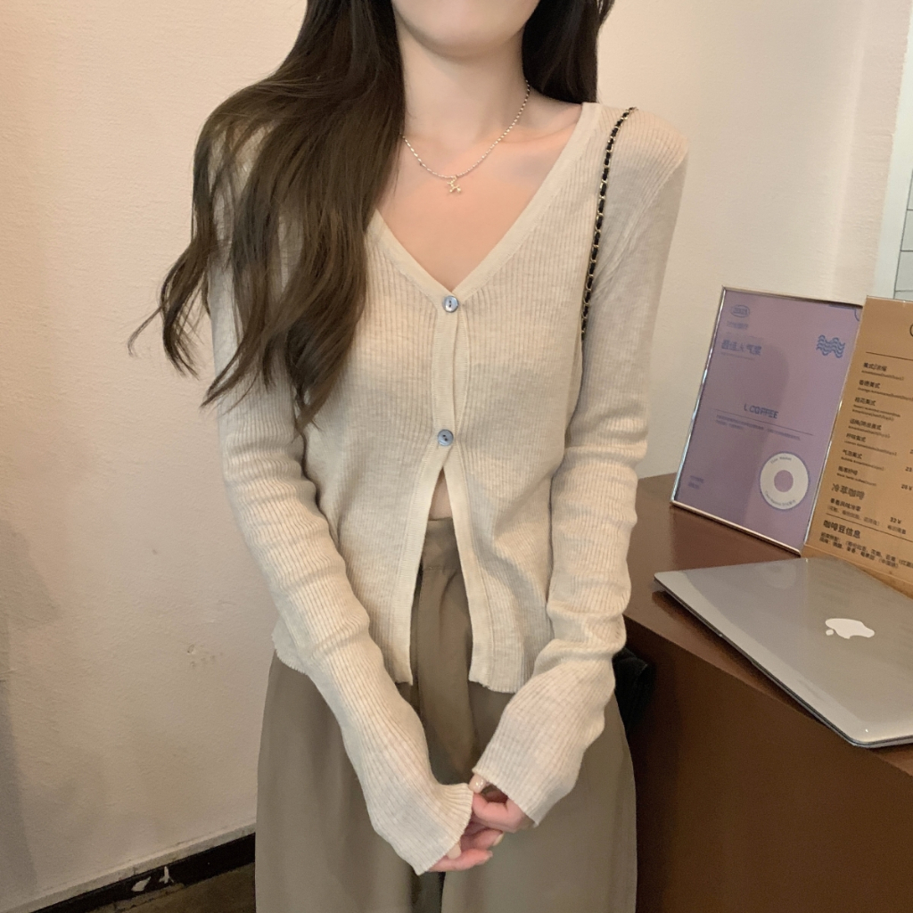 韓版緊身素色v領氣質6羊毛針織長袖女小外套上衣外套