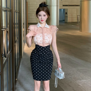 韓版時尚套裝女裝氣質性感翻領短袖蕾絲襯衫+高腰波點包臀緊身半身裙兩件套