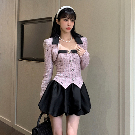 韓版時尚套裝女裝氣質高級設計編織一字領無袖緊身洋裝+短版緊身披肩外套兩件套