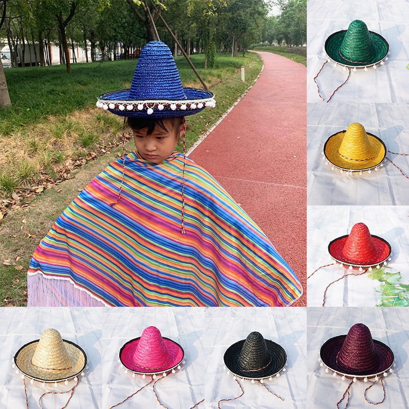 萬聖節 親子 墨西哥帽子 絨球 兒童表演舞會服裝道具 彩色草帽 狂歡派對