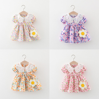 2023夏季新款花朵印花女寶寶短袖連衣裙白色蕾絲領童裝送包(0-3歲)
