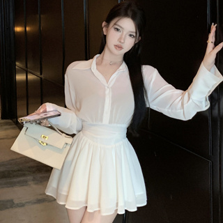 韓版氣質性感白色雪紡洋裝女裝緊身收腰垂墜感長袖翻領襯衫洋裝