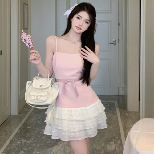 韓版時尚套裝女裝粉色甜美小香風吊帶蛋糕洋裝+防晒小外套薄款針織上衣兩件套