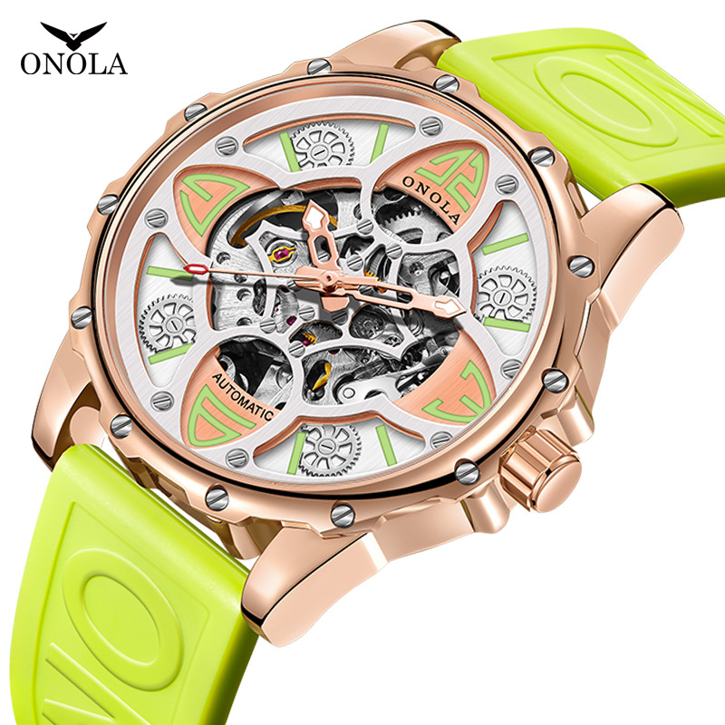 時尚新款ONOLA四葉草全自動機械手錶男防水舒適膠帶錶帶夜光潮流男士腕錶品牌豪華機械手錶