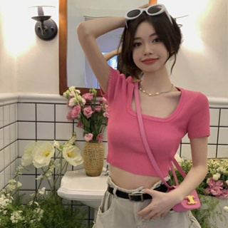 韓系女版緊身顯瘦短版方領短袖針織T恤