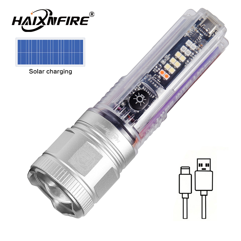Haixnfire X36太陽能充電手電筒XHP50 LED泛光燈USB充電野營燈伸縮變焦信號燈