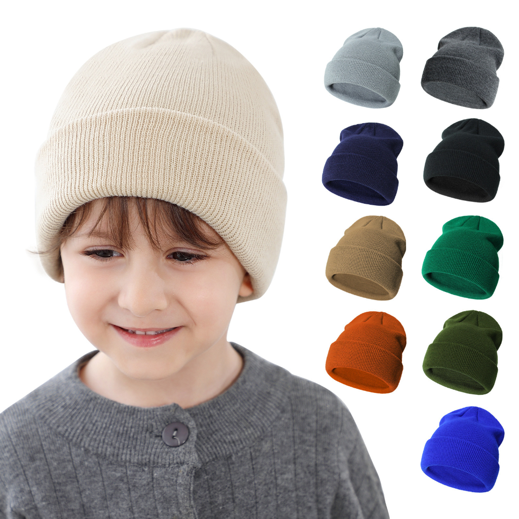 兒童男嬰女童純色無簷小便帽兒童秋冬基本款針織骷髏帽滑雪帽