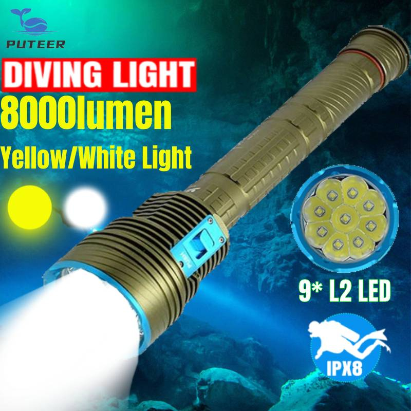Puteer DX9 PLUS 潛水手電筒大功率 8000 流明 XM-L2/T6 LED 水下手電筒白光/黃光 100