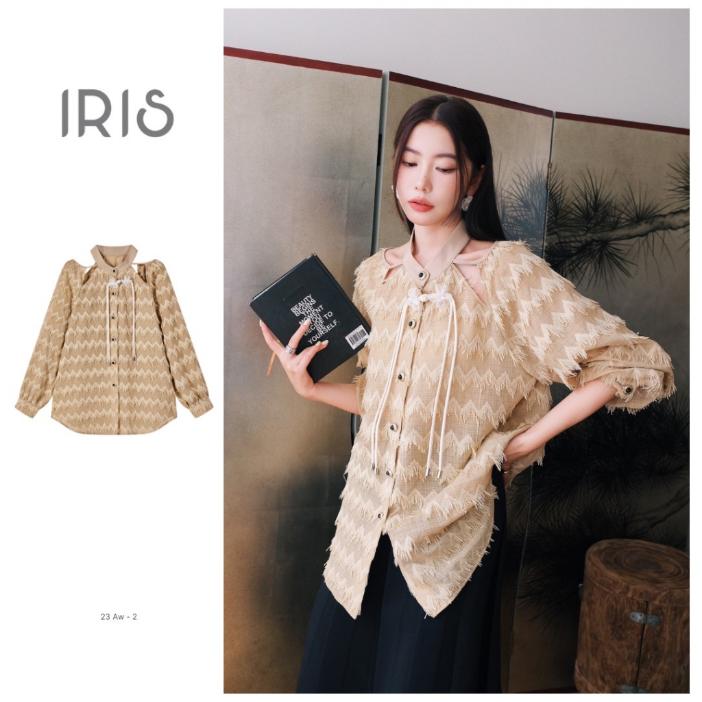 IRIS BOUTIQUE 泰國製造 小眾設計品牌 迷霧森林 卡其色長袖羽毛襯衫上衣