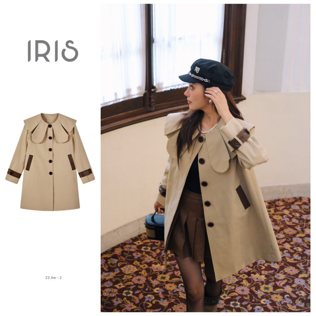 IRIS BOUTIQUE 泰國製造 小眾設計品牌 赫本公主 卡其色長袖純棉中長款風衣外套