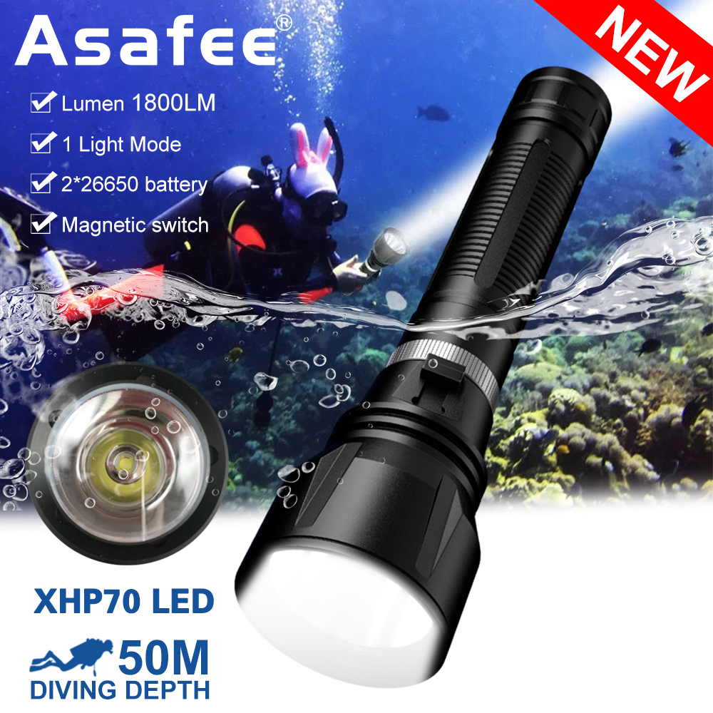 Asafee D858 XHP70 LED 超亮潛水手電筒手電筒安全燈水肺潛水 1800LM 磁性開關手電筒使用 2*2