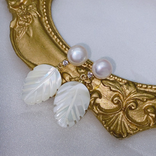 天然珍珠羽毛形耳環,天然貝殼葉耳環