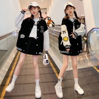 3-14歲 女童秋季外套 兒童時髦休閒外套 中大童韓版寬鬆運動夾克上衣 女孩學院風笑臉拼色棒球服外套