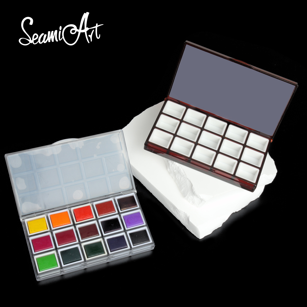 SeamiArt 15格網格密封便攜式塑料調色盒【西米藝術】帶半塊 水彩 丙烯 酸水粉 顏料分裝 密封顏料盒 繪畫盒