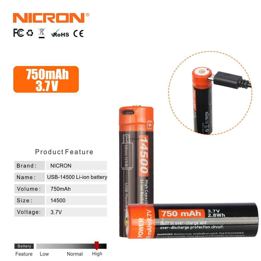 Nicron 高容量 14500 電池 USB-14500 鋰離子電池 900mAh/3.7v 用於 B74系列手電筒