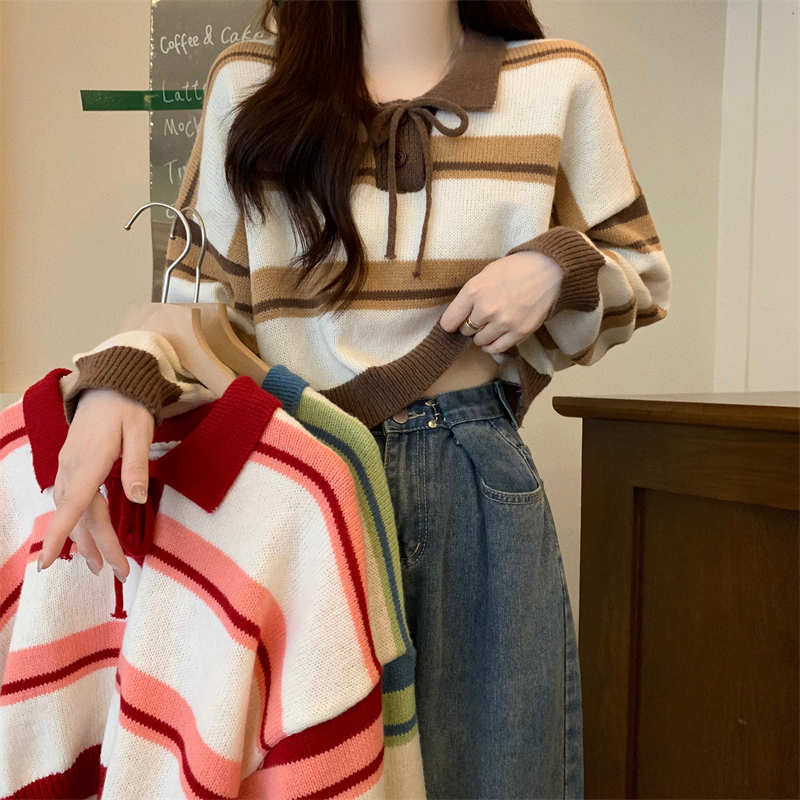 新版韓風設計感條紋polo領拼色毛針織衫毛衣