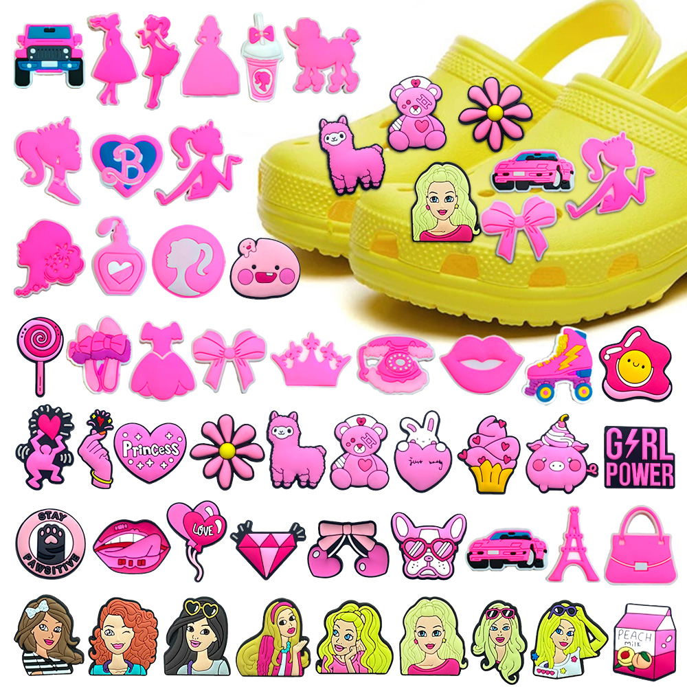 Hot Jibbitz 1 件粉色女孩芭比卡通 Crocs 魅力鞋別針配件裝飾拖鞋涼鞋扣兒童禮物
