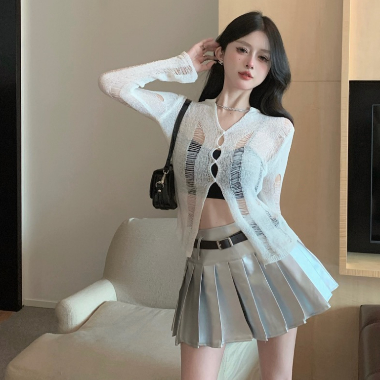 韓版時尚套裝女裝性感鏤空V領長袖白色針織上衣+高腰銀色百褶半身裙兩件套