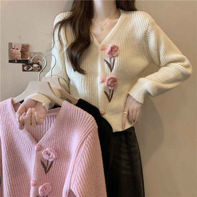 韓版小香風針織毛衣女新款v領溫柔復古風寬鬆短版小外套
