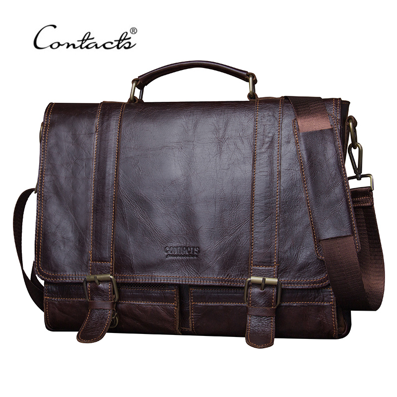 CONTACT'S 男士公文包復古商務真皮側背包電腦手提包筆記本電腦斜挎包行李袋旅行包
