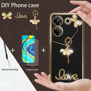 用於 Tecno Camon 20 Pro 5G CK8n 電鍍外殼的 Bling 水鑽外殼,帶螢幕保護膜陶瓷膜和矽膠掛