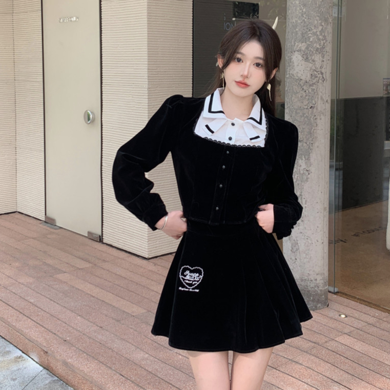 韓版時尚套裝女裝氣質復古緊身短版黑色絲絨翻領長袖上衣+高腰絲絨A字半身裙兩件套
