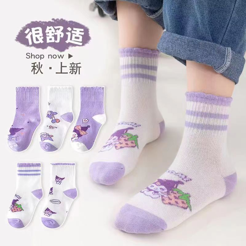 兒童襪子韓國 庫洛米卡通襪止滑襪女童襪中筒襪 純棉薄款透氣春秋款卡通透氣吸汗3歲-6歲-12歲寶寶襪