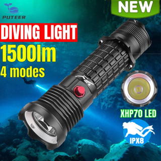 Puteer D902新款強光XHP50/XHP5070潛水手電筒1500流明LED戶外照明潛水燈ipx8防水