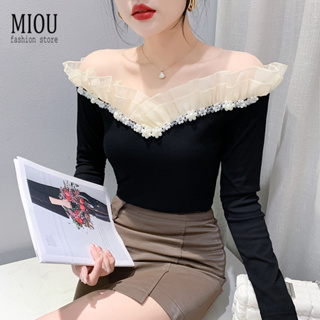Miou 2023秋冬新款時尚韓版長袖串珠蕾絲T恤時尚小襯衫唯美廣州女上衣M-3xL大號