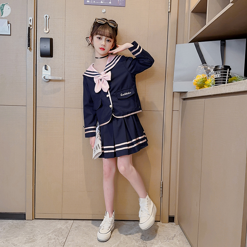 3-14歲 女童秋季套裝 兒童學院風套裝 中大童海軍領jk制服套裝 女孩洋氣蝴蝶結領西裝外套百褶裙兩件套