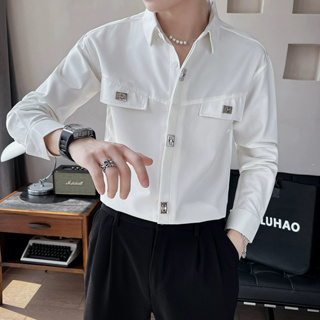男士長袖襯衫 2色M-3XL 韓版緊身潮流男裝 潮牌設計感小眾痞帥上衣 高級感襯衫男 現貨