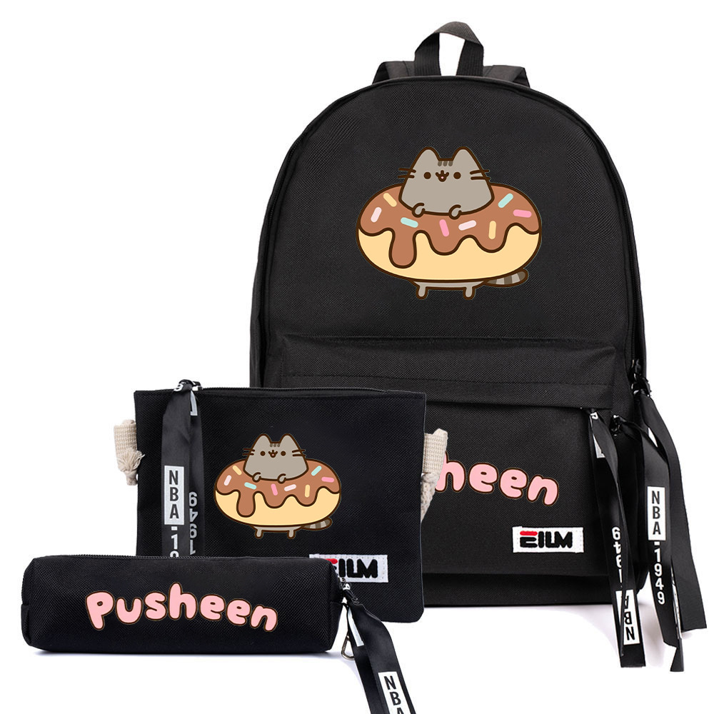 3件裝pusheen兒童兒童新款時尚卡通可愛戶外女學生大容量書包雙肩包+單肩包+筆袋