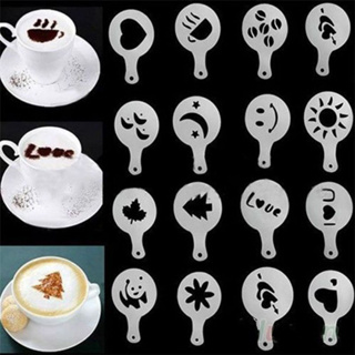 16件/套咖啡模具塑料咖啡廳泡沫噴霧模板咖啡師模具裝飾工具搞笑模具花式咖啡噴霧花卉模型