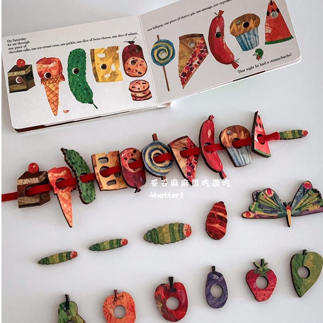 木製毛毛毛蟲水果教具兒童穿線遊戲板繫帶早教玩具精美禮物