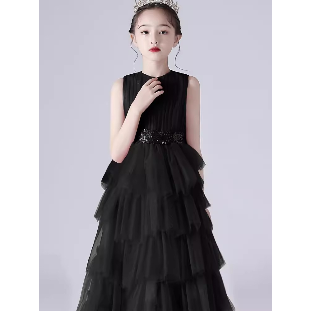 女童禮服裙小主持人公主裙2023新款鋼琴演奏表演服高級黑色晚禮服