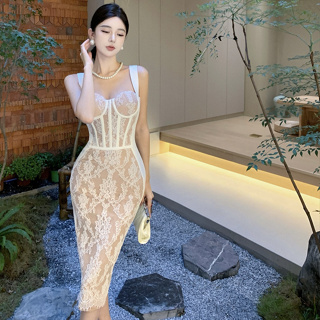 韓版高級性感蕾絲長裙女裝緊身收腰中長款蕾絲拼接開叉緊身吊帶洋裝