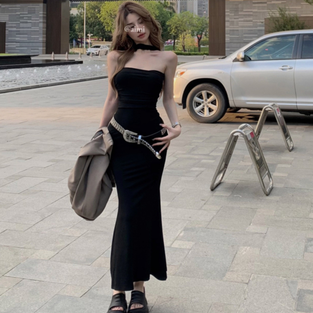韓版氣質性感黑色掛脖長裙女裝緊身收腰一字領無袖中長款緊身洋裝