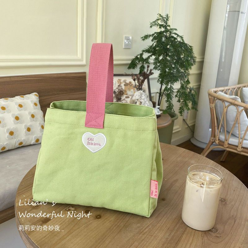 日韓風格字母刺繡愛心綠色帆布便當包女生可愛撞色手提小拎包飯盒包便攜收納袋媽咪包