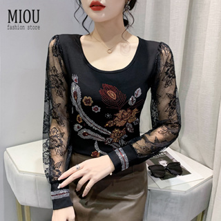 Miou 2023秋季新款重工熱鑽個性修身長袖T恤女修身打底衫蕾絲長袖女上衣