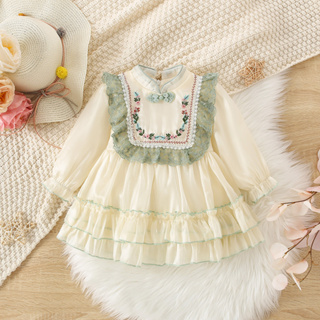 新年!春秋新款女寶寶長袖連衣裙白色蕾絲童裝(0-3歲)