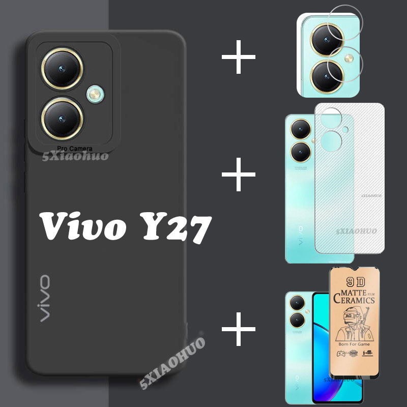 4in1 Vivo Y27手機殼Vivo Y27 Y36 Y02S Y16軟矽膠手機殼+鋼化玻璃膜+鏡頭膜+後蓋