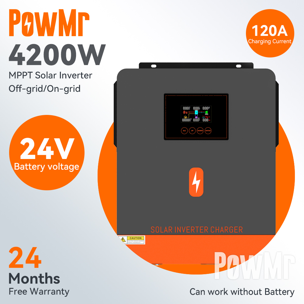 PowMr MPPT 4.2KW 離網/並網純正弦波太陽能混合逆變器 24Vdc 230VAC 最大充電電流120A