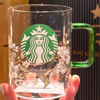 【啾啾家】韓國 ins風 星巴克杯 韓國星巴馬克 新款 綠色把手杯 梨花玻璃杯 大容量咖啡杯 牛奶杯 喝水杯