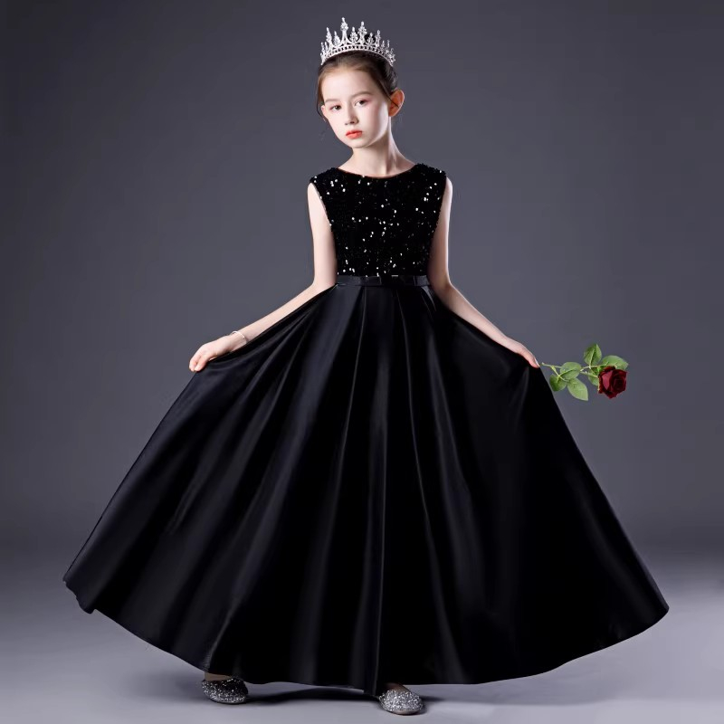 黑色兒童鋼琴表演服緊身長款主持人十歲女孩公主裙禮服小提琴禮服