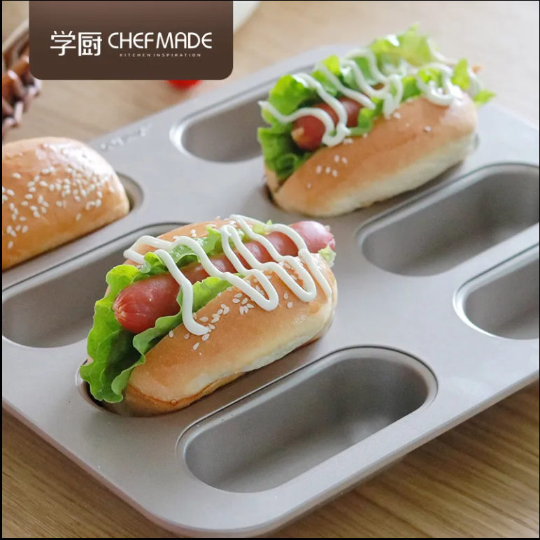 熱狗模8連不粘烤盤橢圓長條麵包模烘焙模具烤箱專用